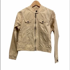 BUM EQUIPMENT Vintage Beige Denim Jacket with Round Neck Button Sz 6 GUC